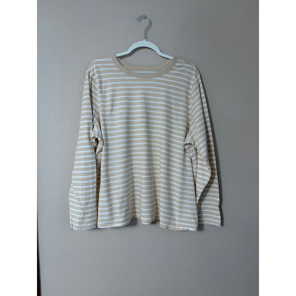 Old Navy Everywear Womens XXL Tan White Striped Long Sleeve Cotton T-Shirt